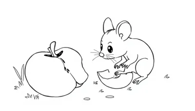 Een kleurplaat van een muis die eet van een appel.