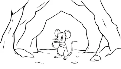 Kleurplaat van een muis met een appel bij een grot.