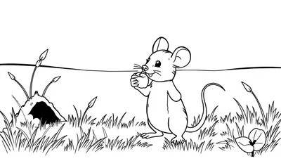 Kleurplaat van een muis met een appel bij een hol in het gras.