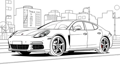 Kleurplaat van een Porsche Panamera in een stad met hoge gebouwen.
