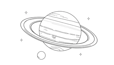 Kleurplaat van een planeet met ringen, mogelijk Saturnus, in de ruimte met sterren.