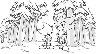 Een kleurplaat van Sonic en Shadow in een bos vol hoge bomen.