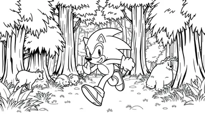 Kleurplaat van Sonic die door een bos rent met dieren om zich heen.