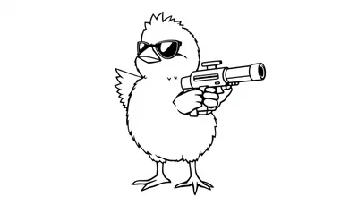 Kleurplaat van een stoer kuiken met een bril en een minigun.