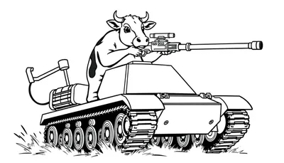 Kleurplaat van een stoere koe op een tank met een groot wapen
