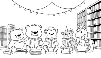 Een kleurplaat met dieren die boeken lezen in de bibliotheek onder feestelijke lampjes.