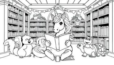 Kleurplaat van een gezellige bibliotheek met een eenhoorn die een boek leest, omringd door vrolijke dierenvriendjes zoals een eekhoorn, schildpad en uil.