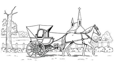 Kleurplaat van een paard met een tilbury-koets naast een kerk in een landelijke omgeving.