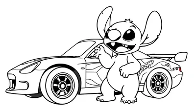 Kleurplaat van Stitch naast een raceauto.