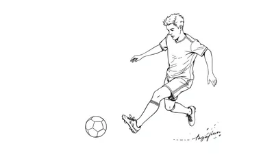 Kleurplaat van een voetballer die een bal schopt, sportief getekend in actie.