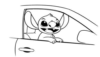Kleurplaat van Stitch die vrolijk uit het raam van een auto hangt met een brede glimlach en grote oren.