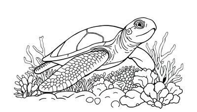 Kleurplaat van een zeeschildpad met koraal en zeewier in een onderwaterwereld.