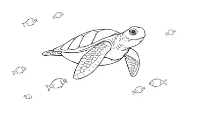 Kleurplaat van een zeeschildpad met schubben op het schild, omringd door kleine vissen.