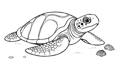 Een zwart-wit kleurplaat van een zeeschildpad met een gedetailleerd schild, grote ogen en schubachtige poten. Op de grond liggen schelpen en steentjes.