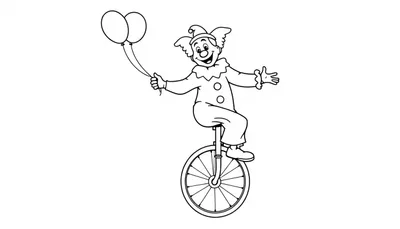 Kleurplaat van een vrolijke clown op een eenwieler met ballonnen in zijn hand.