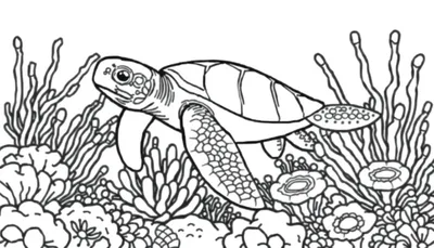 Kleurplaat van een zwemmende zeeschildpad met koraal en zeewieren.