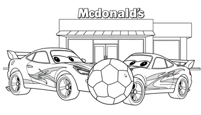 Kleurplaat van twee geanimeerde auto's met ogen die voetballen voor een McDonald's-restaurant.