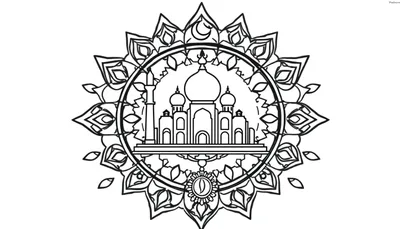 Een symmetrische kleurplaat van een moskee in een mandala met een halve maan bovenaan.