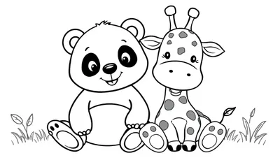 Kleurplaat van een panda en een giraf die samen zitten op gras met een vrolijke uitstraling.
