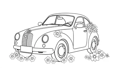 Kleurplaat van een klassieke trouwauto met bloemen.