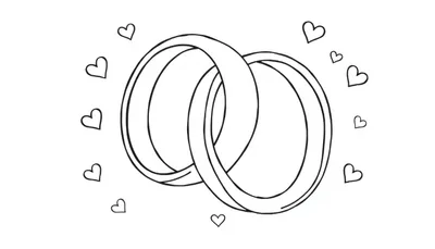 Kleurplaat van twee verbonden ringen met hartjes eromheen, symbool voor liefde en trouw.
