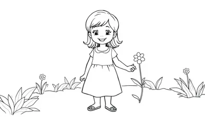Kleurplaat van een lachend meisje in een jurk, staand in een bloemenveld met een bloem in haar hand.