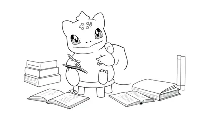 Kleurplaat van een lief dinosaurusachtig wezen dat op een kruk zit en schrijft in een notitieboek, omringd door boeken.