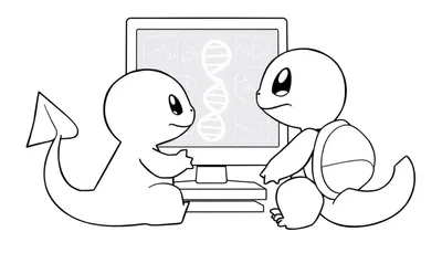 Kleurplaat van twee schattige dierenfiguren die samen een computer onderzoeken met een DNA-streng op het scherm.