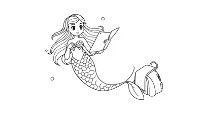Zwart-wit tekening van een zeemeermin met golvend haar en schubbenstaart. Ze houdt een kaart en een klein object vast, met een rugzak naast haar onder water.