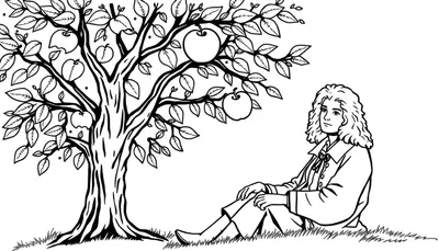 Kleurplaat van Isaac Newton die onder een appelboom zit met appels aan de takken, terwijl hij leunt tegen de boomstam.