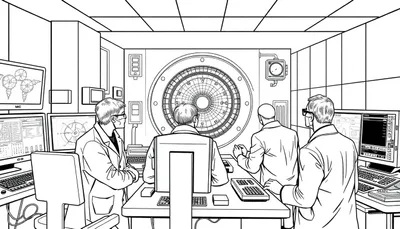 Kleurplaat van een zwart-wit tekening: wetenschappers in een controlekamer kijken naar een groot, rond apparaat.