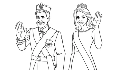 Kleurplaat van koning Willem-Alexander en koningin Máxima in koninklijke kleding.