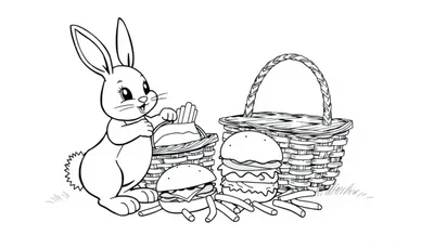 Kleurplaat van een schattig konijn met hamburgers en frietjes naast manden.