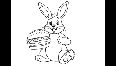 Kleurplaat van een vrolijk konijn met een hamburger.