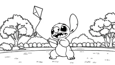 Kleurplaat van Stitch in een park, met een vlieger in zijn hand en een glimlach op zijn gezicht.