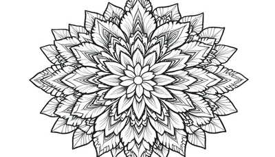 Zwart-witte mandala kleurplaat met patronen en bloemachtige vormen.