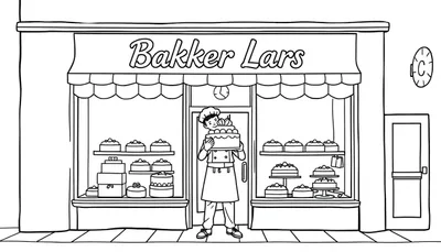 Kleurplaat van een bakkerij met de naam 'Bakker Lars'. Voor de winkel staat een trotse bakker met een grote taart in zijn handen, terwijl de etalages vol zitten met taartjes en gebakjes.