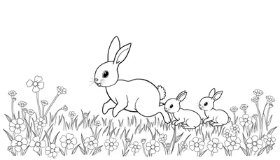 Kleurplaat van een konijn met twee babykonijntjes in een bloemrijk veld.