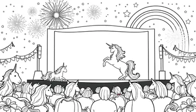 Kleurplaat van een feestelijke scène met een eenhoorn-podium, een eenhoorn-publiek, een regenboog, sterren en vuurwerk.