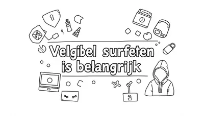 Kleurplaat in zwart-wit met de tekst 'Velgibel surfeten is belangrijk' omgeven door digitale en veiligheidsgerelateerde symbolen zoals een slot, schild, laptop en meer.
