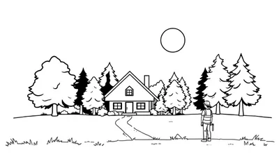 Kleurplaat van een landschap met een huis, bomen, een zon en een bouwvakker die iets inspecteert.