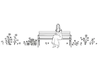 Een kleurplaat van een vrouw op een bankje met bloemen eromheen.