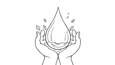 Kleurplaat van twee handen die voorzichtig een waterdruppel met golven vasthouden, omringd door kleine bladeren.