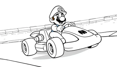 Lijntekening van Super Mario met een snor en pet in een kart op een racebaan, klaar als kleurplaat.
