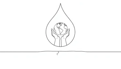 Kleurplaat van een waterdruppel met een wereldbol en handen eromheen.