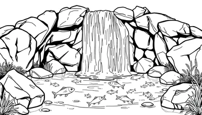 Zwart-wit kleurplaat van een serene natuurscene met een waterval, vissen in een vijver en vegetatie.