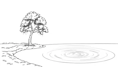 Kleurplaat van een landschap met een boom links en rimpelingen op het water aan de rechterzijde.