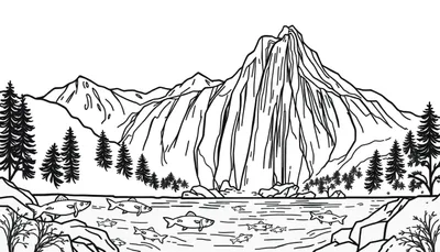 Kleurplaat met bergen, naaldbomen, een rivier met vissen, rotsen en struiken in een natuurtafereel.