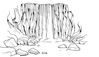 Kleurplaat van een waterval met rotsblokken en steile wanden.