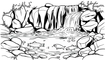 Kleurplaat met een waterval, vissen in het water, stenen en gras op de rotsen.